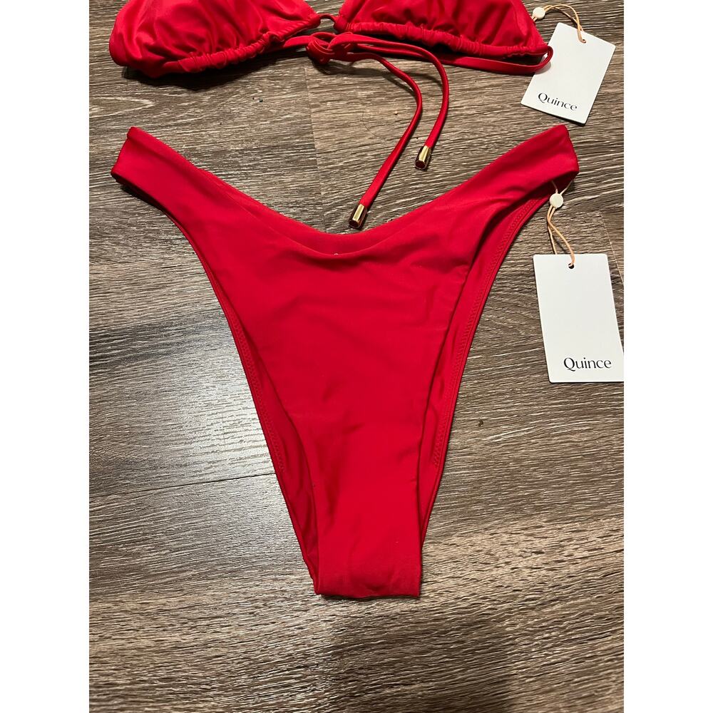 Quince Italian High Leg Bikini Bottom and Triangle Bikini Top Cherry Red Size S - Picture 3 of 6